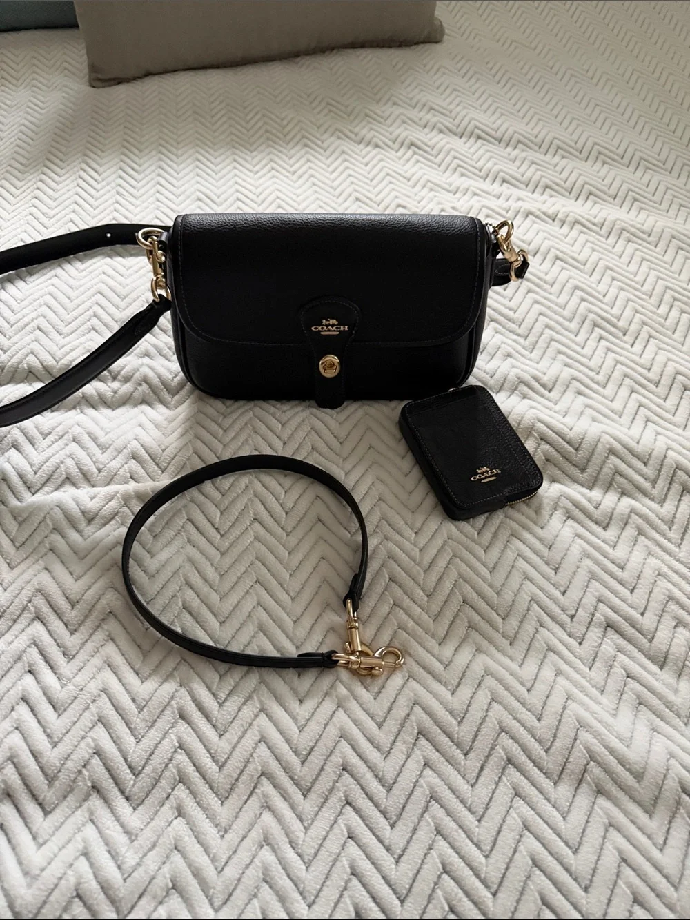 Coach Black Leather Crossbody with Gold Hardware and Cardholder